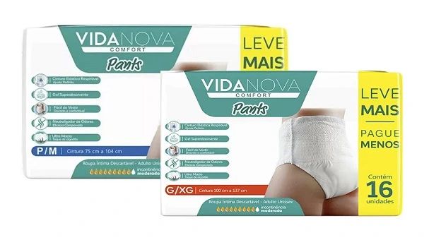 Vida Nova Comfort Pants – Fralda Geriátrica de Vestir – Pacotes c/ 16 Unidades - Tamanhos P/M - G/XG