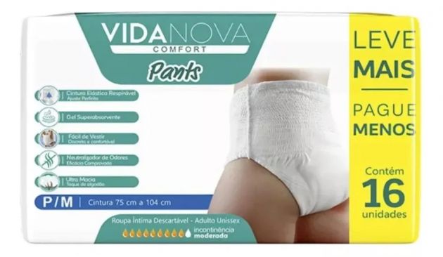 Vida Nova Comfort Pants P/M - Fralda Geriátrica Unissex de Vestir - Pacote com 16 unidades